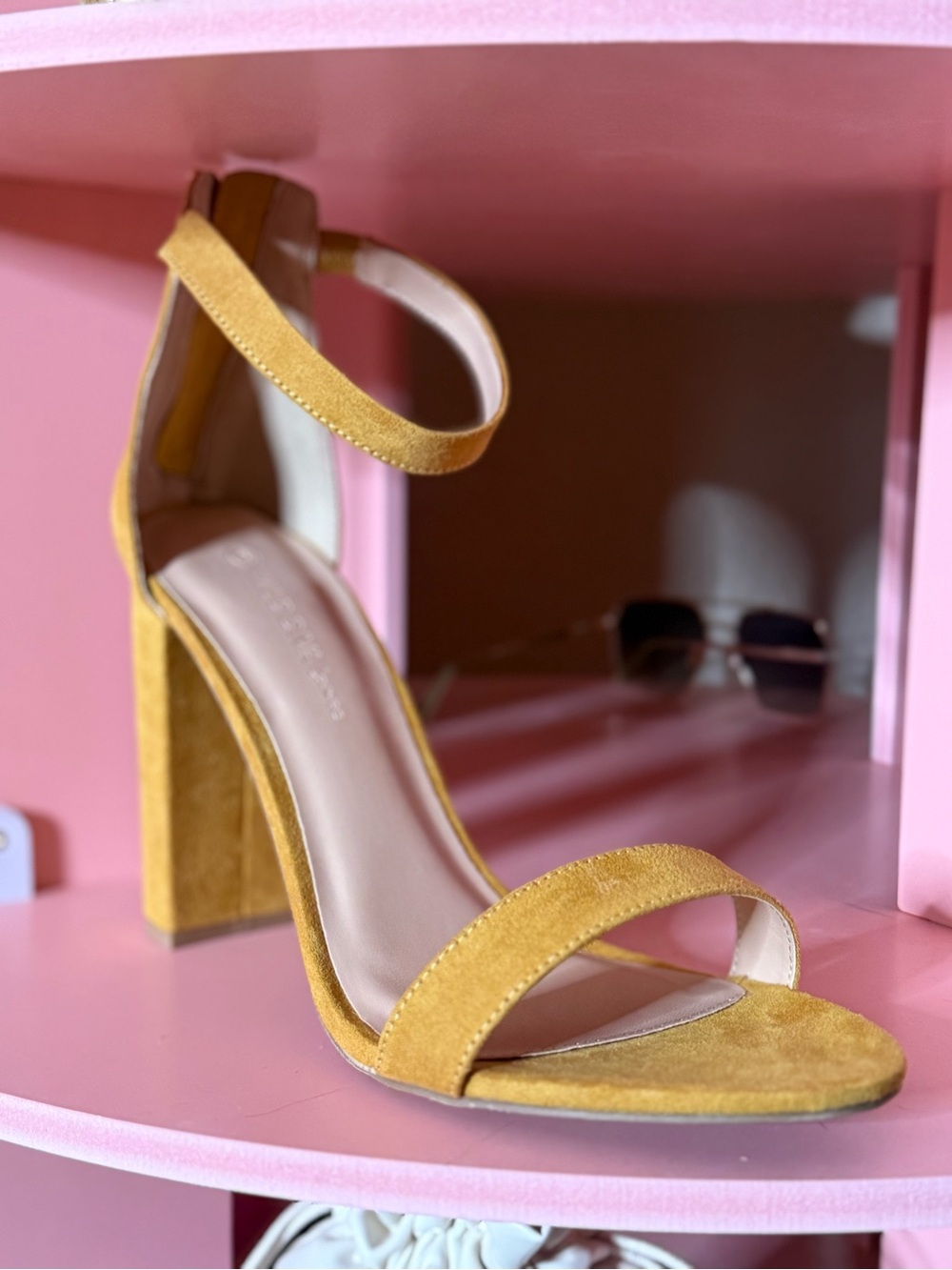 Yellow Suede Ankle-Strap Block Heel Sandals